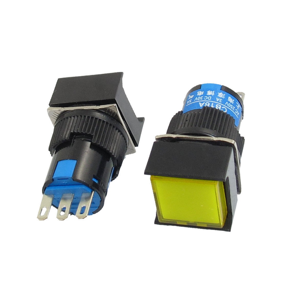 2 Pcs AC 250V 3A DC 30V 5A NO NC Yellow Sign Square Latching Push Button Switch
