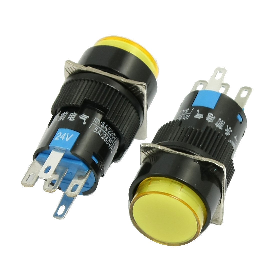 2 Pcs DC 24V Yellow Light Round Cap 1NO 1NC Momentary 16mm Push Button Switch