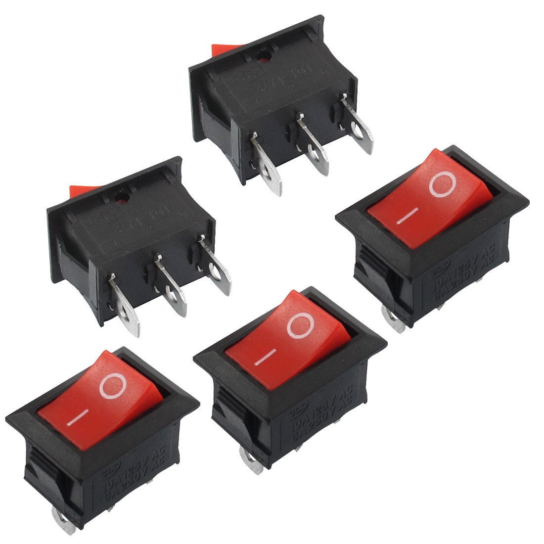 5 Pcs SPDT 3 Pin Red On/Off Rocker Switch AC 250V/6A 125V/10A