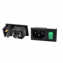 2 Pcs Green Lamp Panel Mount Rocker Switch IEC320 C14 Power Socket AC 10A 250V