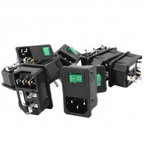 AC250V 10A Green Light Rocker Boat Switch IEC320 C14 Inlet Socket w Fuse 10 Pcs