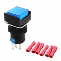 DC 24V Blue Light 16mm SPDT Self-locking Pushbutton Switch w Crimp Connectors