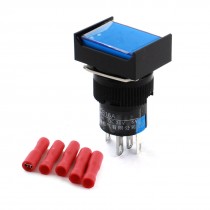 AC 220V Blue Light SPDT Self Locking Push Button Switch 16mm w Crimp Terminals