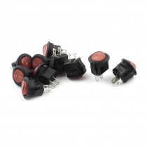 10 Pcs  AC 125V/250V 6A/3A  SPST 2-Pin Red Button Plastic Rocker Switch