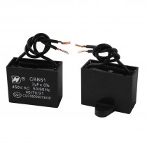 2 Pcs CBB61 AC 450V 2uF 50/60 Hz Wired Rectangle Motor Run Capacitor Black