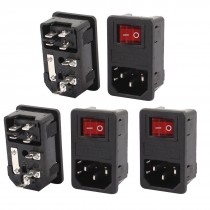 AC 250V 10A IEC 320 C14 Inlet Panel Socket w Fuse w Red Lamp Rocker Switch 5Pcs