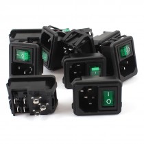 10 Pcs 4 Pin DPST Green Light Rocker Switch IEC320 C14 Power Socket AC 10A 250V