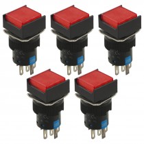 5 Pcs Red Lamp Latching 1NO 1NC Square Panel Push Button Switch AC 220V Fsflb