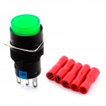 DC 24V Green Lamp SPDT Momentary Round Push Button Switch w Female Connector