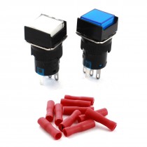 2Pcs DC12V Blue White Lamp SPDT Momentary Pushbutton Switch 16mm w Connectors