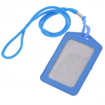 Blue Faux Leather Vertical ID Badge Card Holder w Nylon Neck Strap