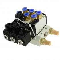 4V110 06 AC 220V 5 Way Triple Solenoid Valve Mufflers Base Quick Fittings Set