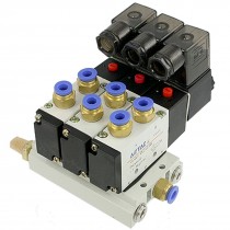 Pneumatic DC 24V 5 Way Triple Solenoid Valve w Base Push in Connectors Silencer