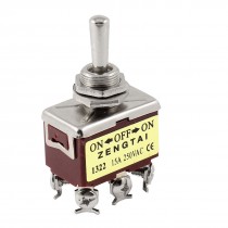 AC 250V 15A Wobble Lever DPDT Latching ON-OFF-ON 3 Position Toggle Switch