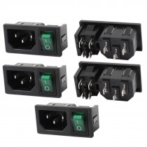 5 Pcs 4P DPST Green Light Rocker Boat Switch IEC320 C14 Power Socket AC 10A 250V