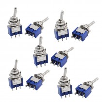10pcs Self Locking Miniature Toggle Switch Blue 3 Pin SPDT On/On AC125V 6A