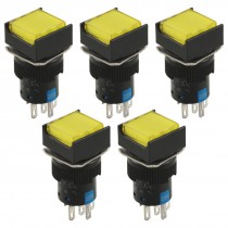 5 Pcs Yellow Lamp Latching 1NO 1NC Square Panel Push Button Switch AC 220V