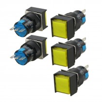 5 Pcs AC 250V 5A 1NO 1NC Yellow Square Self Locking 16mm Push Button Switch