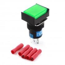DC 24V Green Lamp Locking Rectangle Pushbutton Switch + Insulated Crimp Terminal