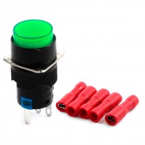 AC220V Green Light Panel SPDT Momentary Pushbutton Switch w Wiring Terminals