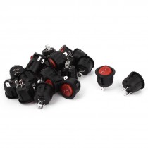 AC 250V 6A 125V 10A SPST 2 Position 2 Pin Red Button Round Rocker Switch 20pcs