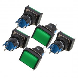 5 Pcs Green Rectangle Cap DC 12V Light SPDT 5 Pins Push Button Switch