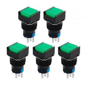 5 Pcs 5P Latching 1NO 1NC Green Neon Light Squared Push Button Switch DC 24V
