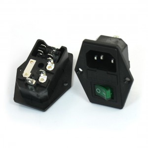 2Pcs Green Pilot Lamp 4P Rocker Switch Fuse Holder IEC320 C14 Inlet Power Socket
