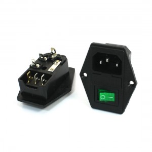 2Pcs Green Indicator 3Pin SPST Rocker Switch Fuse Holder IEC320 C14 Power Socket