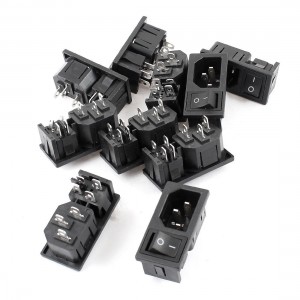 AC 10A 250V 4 Terminal Black Rocker Switch IEC320 C14 Inlet Power Socket 10Pcs