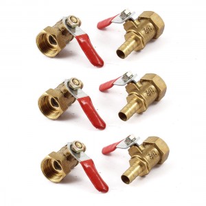 3/8 PT x 8mm Full Port Red Lever Handle Hose Barb Ball Valve Gold Tone 6 Pieces
