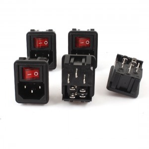 5 Pcs 4 Pin DPST Red Light Rocker Switch IEC320 C14 Power Socket AC 10A 250V