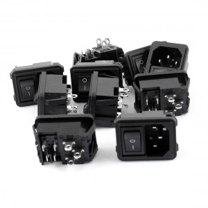 AC 10A 250V 4 Pin Black Button Rocker Switch IEC320 C14 Inlet Power Socket 10Pcs