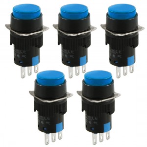 5 Pcs AC 250V 5A 1NO 1NC Round Blue Latching Push Button Switch