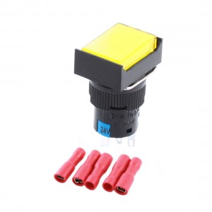 DC 24V Yellow Light Momentary Rectangle Push Button Switch w Female Connector