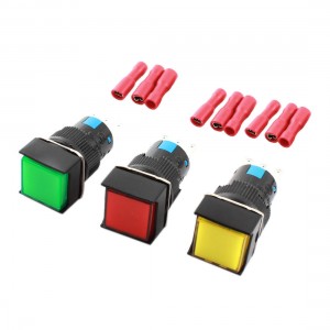 3Pcs AC 250V 5A Panel Mount SPDT Non Locking Pushbutton Switch 16mm w Connectors