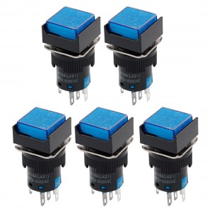 5 x DC 24V Blue Light 5P Momentary Panel Mount Squared Push Button Switches