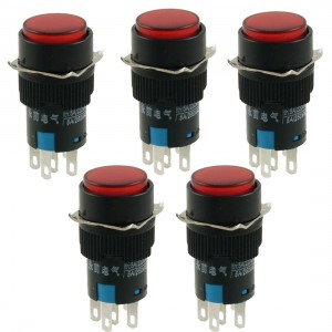 5 Pcs AC 220V Red Lamp Round Latching 1NO 1NC Push Button Switch Hylby