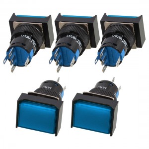 5 x 5 Pin Terminals Blue Lamp Latching Rectangular Push Button Switch DC 12V