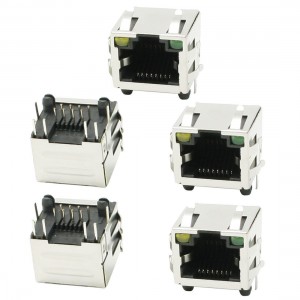 LED Light Horizontal RJ45 8P8C Modular Network PCB Jacks 16 x 16 x 13mm 5 Pcs