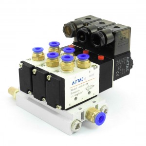 4V210 08 DC 24V 5 Way Triple Solenoid Valve Mufflers Quick Fittings Base Set