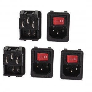 AC 10A 250V O/I Red Button Rocker Switch IEC320 C14 Inlet Power Socket 5 Pcs