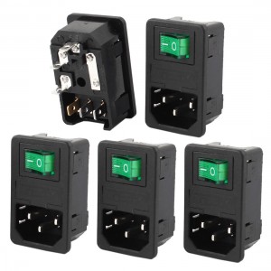 AC250V 10A SPST Green Lamp Rocker Switch IEC320 C14 Inlet Socket w Fuse 5 Pcs