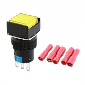 AC250V 5A 16mm SPDT Momentary Yellow Square Pushbutton Switch w Crimp Terminals