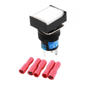 AC 220V 16mm Panel SPDT Momentary Rectangle Pushbutton Switch w Crimp Connectors