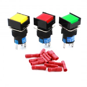 3Pcs DC 24V Lamp SPDT Self Locking Square Pushbutton Switch 16mm w Connectors
