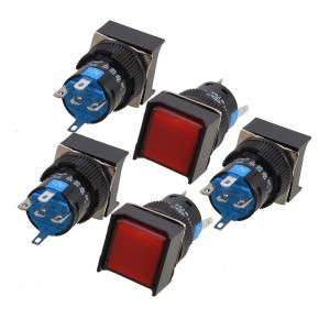 5 Pcs Red Square Cap DC 12V Light 1NO 1NC 5 Pins Push Button Switch