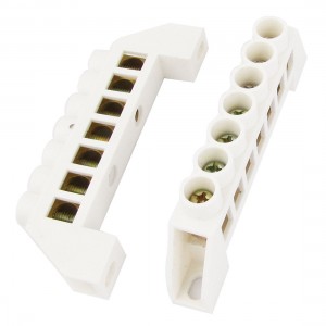 2 Pcs 7 Holes Ground Wire Row Copper Tone Screw Terminal Block White