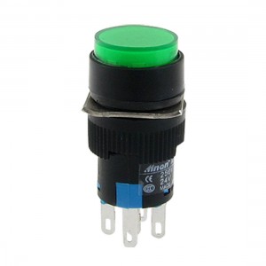 AC 220V Green Lamp Light Round Cap Self Locking Push Button Switch SPDT 5 Pin