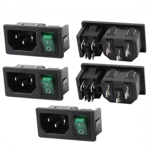 5 Pcs 4P DPST Green Light Rocker Boat Switch IEC320 C14 Power Socket AC 10A 250V
